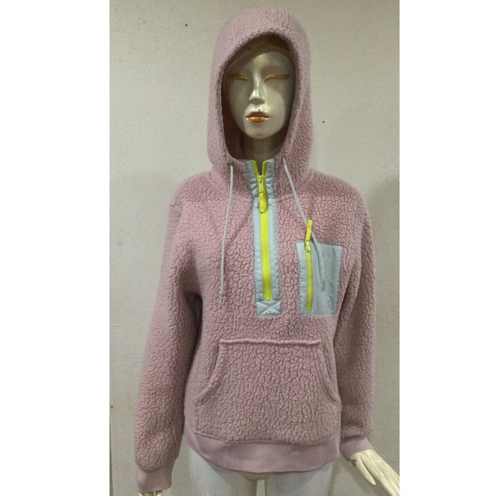 J. Crew Pink Sherpa Pullover Hoodie with Yellow Accents